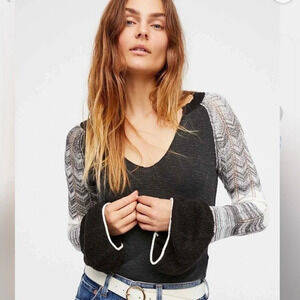 Free People Sunshine Thermal Knit Bell Sleeve Top Black Small Boho Casual Winter